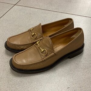 Gucci Tan Leather Loafers with Gold Hardware